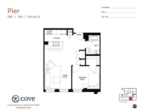 Floor plan for 1 bed, 1 bath, 644 sqft